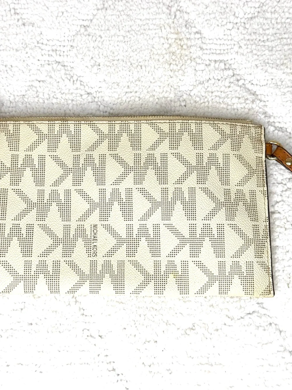 Michael Kors Vanilla MK Signature Wristlet Brown Trim Gold Logo Clutch